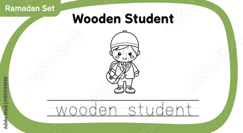 Cute Wooden Student Character with Backpack and Writing Practice