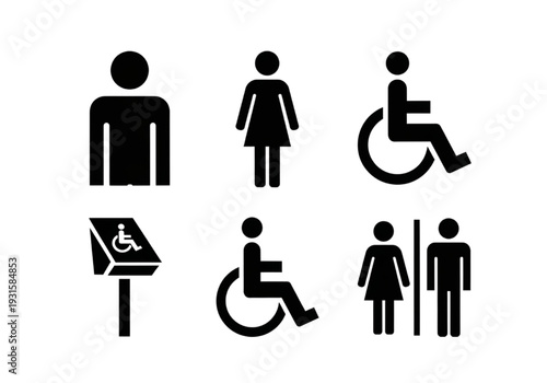 Restroom and accessibility icon set with men women and disabled toilet
