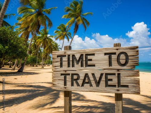 A wooden sign on a beach with palm trees saying time to travel