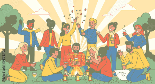 Diverse group of people having picnic outdoors.