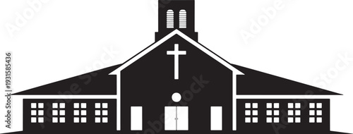 Black and white silhouette of a church building with a cross and steeple religious