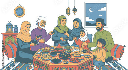 A Muslim family gathering for iftar during Ramadan.
