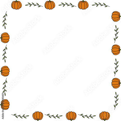 Square frame with autumn tasty doodle pumpkin on white background.eps