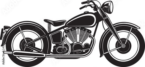 Black and white silhouette of a vintage motorcycle with detailed engine and wheels
