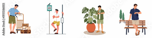 Men checking watches, indicating waiting or punctuality, across varied scenes: travel with luggage, bus stop, by a plant, and on a park bench.