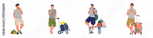 Casual male traveler snacking on the go, with bags and suitcases, depicting different travel situations.