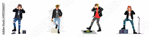 Young men embodying rock and punk music culture, listening to headphones and engaging with musical elements like records, amplifiers, and microphones, showcasing youth expression and rebellion.