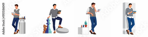 Modern Man Strategizing with Chess and Technology in Various Poses, Representing Business Acumen, Digital Engagement, and Thoughtful Planning.
