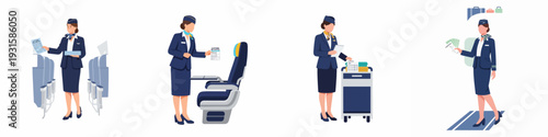 Flight attendant duties concept, showing services like handing out customs forms and managing supplies on board an airplane.