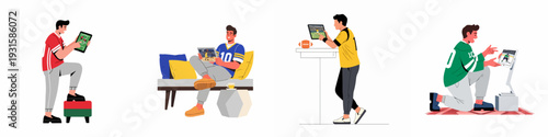 Engaging with digital sports: Men watch football, basketball, tennis, and hockey on tablets, highlighting modern sports consumption.