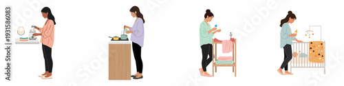 A mother's daily routine: warming, sterilizing, and preparing baby bottles, and caring for her infant in various stages.