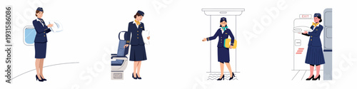Professional Flight Attendant Services and Duties Vector Illustrations.