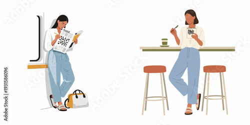 Two women enjoying leisure time by solving puzzles, one on public transport and the other at a cafe counter, engaged in mindful relaxation.