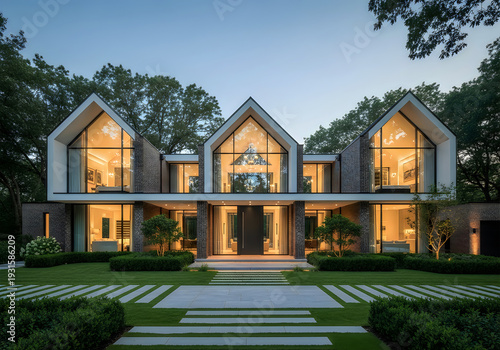 Modern house with stone facade and large windows at dusk or twilight hour