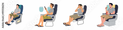 Casual male passenger engaged in in-flight entertainment and relaxation activities during air travel.
