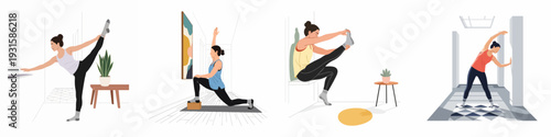 Collection of diverse women performing various yoga and stretching exercises at home, focusing on flexibility, wellness, and healthy lifestyle.