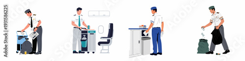 Airline cabin crew members diligently managing waste and maintaining cleanliness onboard an aircraft, illustrating in-flight service and waste disposal procedures.