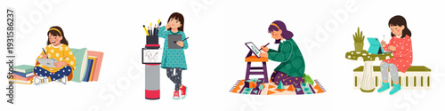 Four diverse scenes of creative young girls engaged in digital art and learning with tablets, showcasing imagination, modern education, and technological play.