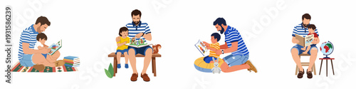 Fathers and children enjoy bonding through reading and learning in various educational settings, fostering development and quality family time.