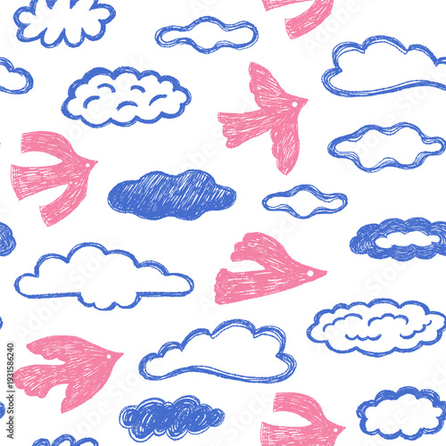 Seamless hand drawn pattern with pink birds and blue clouds featuring visible pencil texture and sketchy strokes. Soft nursery palette and grainy crayon effect create a dreamy sky theme for baby texti