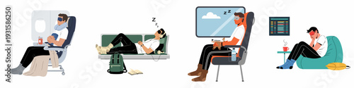 Travelers finding comfort and sleep during various journeys and leisure, using eye masks, neck pillows, and headphones for relaxation.