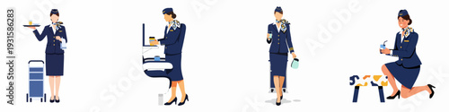 Professional Flight Attendants Offering In-flight Service and Hospitality Vector Illustrations