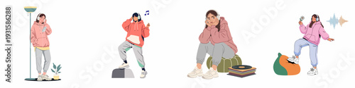 Diverse Scenes of Young Women Engaging with Music, Featuring Headphones, Casual Attire, and Various Emotions.
