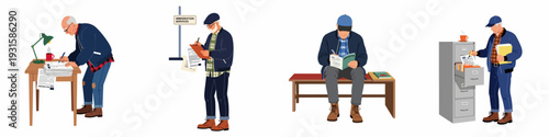 Diverse men interact with immigration services, filling out forms, reviewing documents, and managing records, symbolizing the multi-faceted journey of immigration.