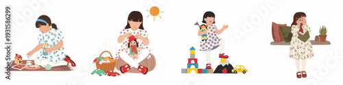 Girls playing with dolls, toy houses, and building blocks, illustrating imaginative childhood activities and learning experiences.