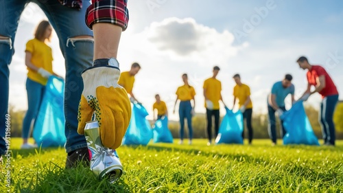 Diverse Gen Z volunteers picking up litter and recycling cans in a green city park