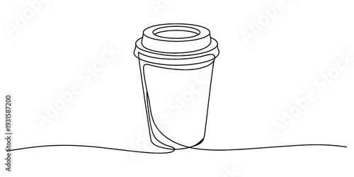 Continuous line drawing of a disposable coffee cup with a lid on a white background. Vector, illustration