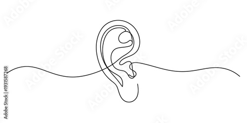 Continuous line drawing of a human ear with a wavy horizontal line passing through its center. Vector, illustration