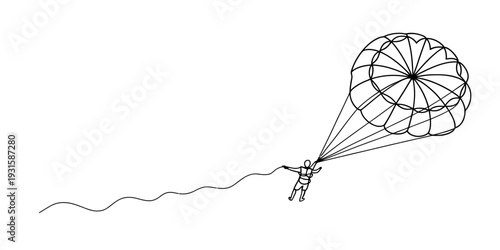 A simple line drawing of a person paragliding with a large circular parachute in the sky Vector, illustration