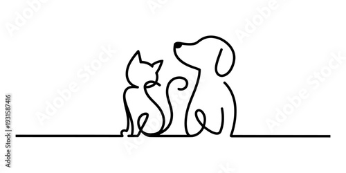 Minimalist continuous line drawing of a cat and a dog sitting together on a white background. Vector, illustration