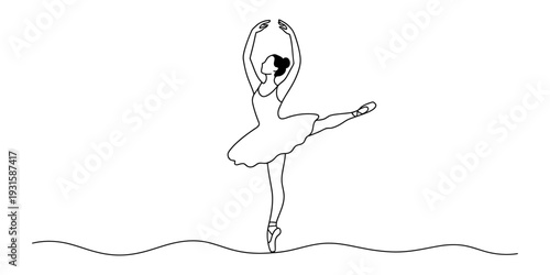 Minimalist line drawing of a graceful ballerina performing a classic dance pose on pointe. Vector, illustration