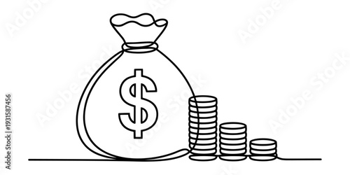 Continuous line drawing of a large money bag with a dollar sign and three stacks of coins. Vector, illustration