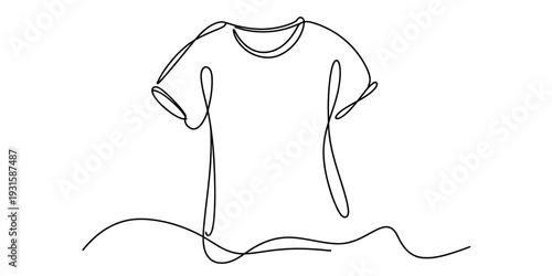 Minimalist continuous line drawing of a classic short sleeve t-shirt on a white background. Vector, illustration