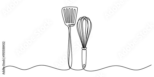 Continuous line drawing of kitchen utensils including a whisk and a spatula on a white background.