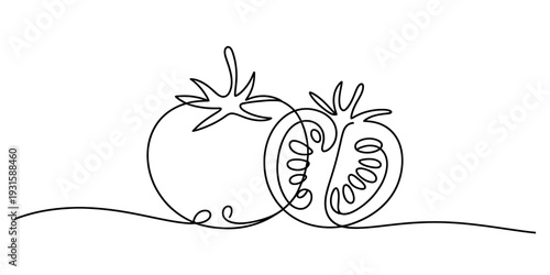 Minimalist continuous line art illustration of a whole tomato and a sliced half tomato