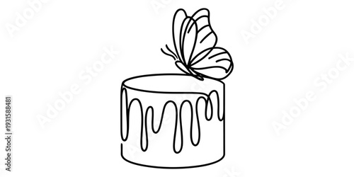 Minimalist line drawing of a delicious cake with dripping icing and a butterfly on top