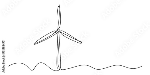 Continuous line drawing of a wind turbine generating clean energy on a wavy horizon line