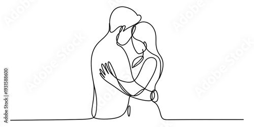 Continuous line drawing of a romantic couple embracing each other in a tender hug Vector, illustration