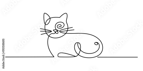 A continuous line drawing of a sitting cat with whimsical features and whiskers. Vector, illustration