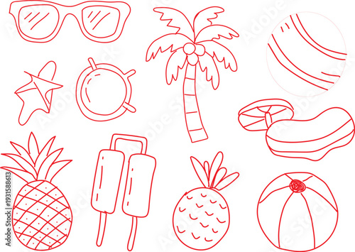 A delightful collection of simple red outline drawings featuring essential elements for a perfect summer vacation, including stylish sunglasses, a tall palm tree, a whimsical starfish, two distinct pi