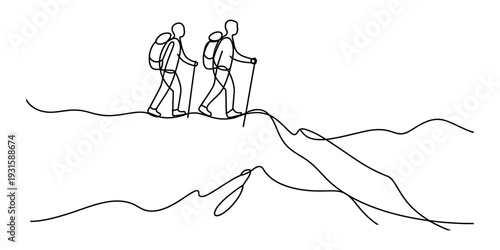 A simple line drawing of two hikers wearing backpacks and using walking sticks on a mountain trail Vector, illustration