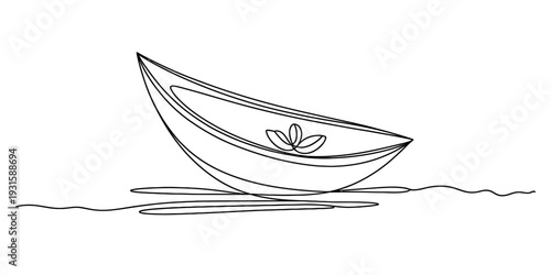 A minimalist continuous line drawing of a small boat floating on calm water with a flower inside. Vector, illustration