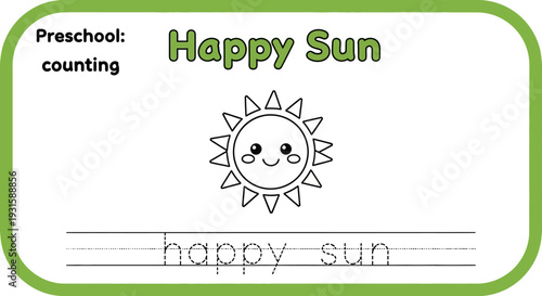 Happy Sun Coloring Page for Preschool Counting and Tracing Practice