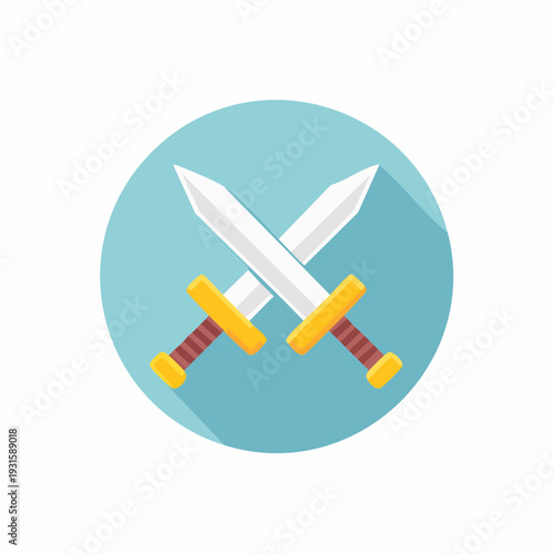 Crossed Swords Icon: A pair of sharp swords crossed against a circle background, symbolizing conflict, rivalry, or a clash of ideas.