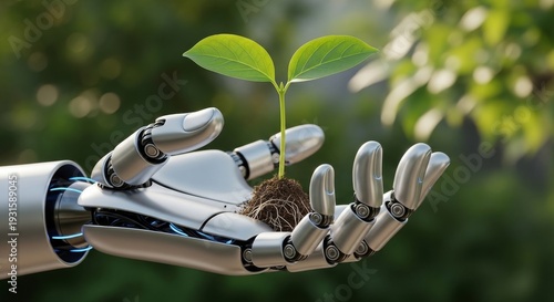 Robotic Hand Holding a Growing Plant