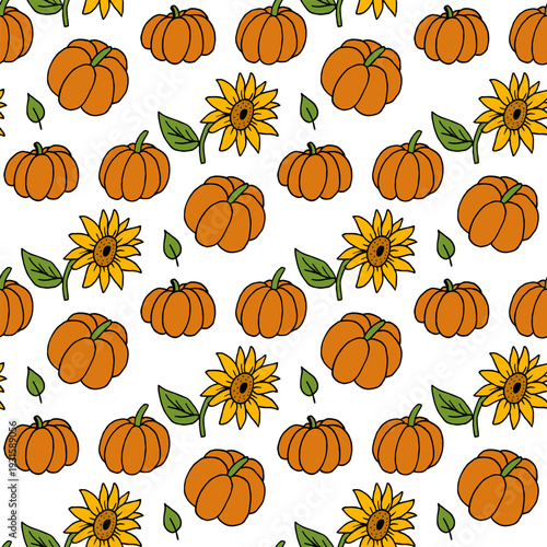 Seamless pattern with stylish autumn pumpkin and sunflower on white background.eps